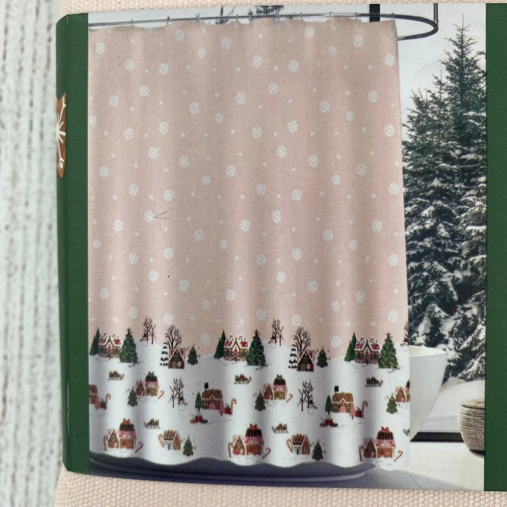 EnVogue Shower Curtain Pink Gingerbread Village Snowflake Holiday Christmas
